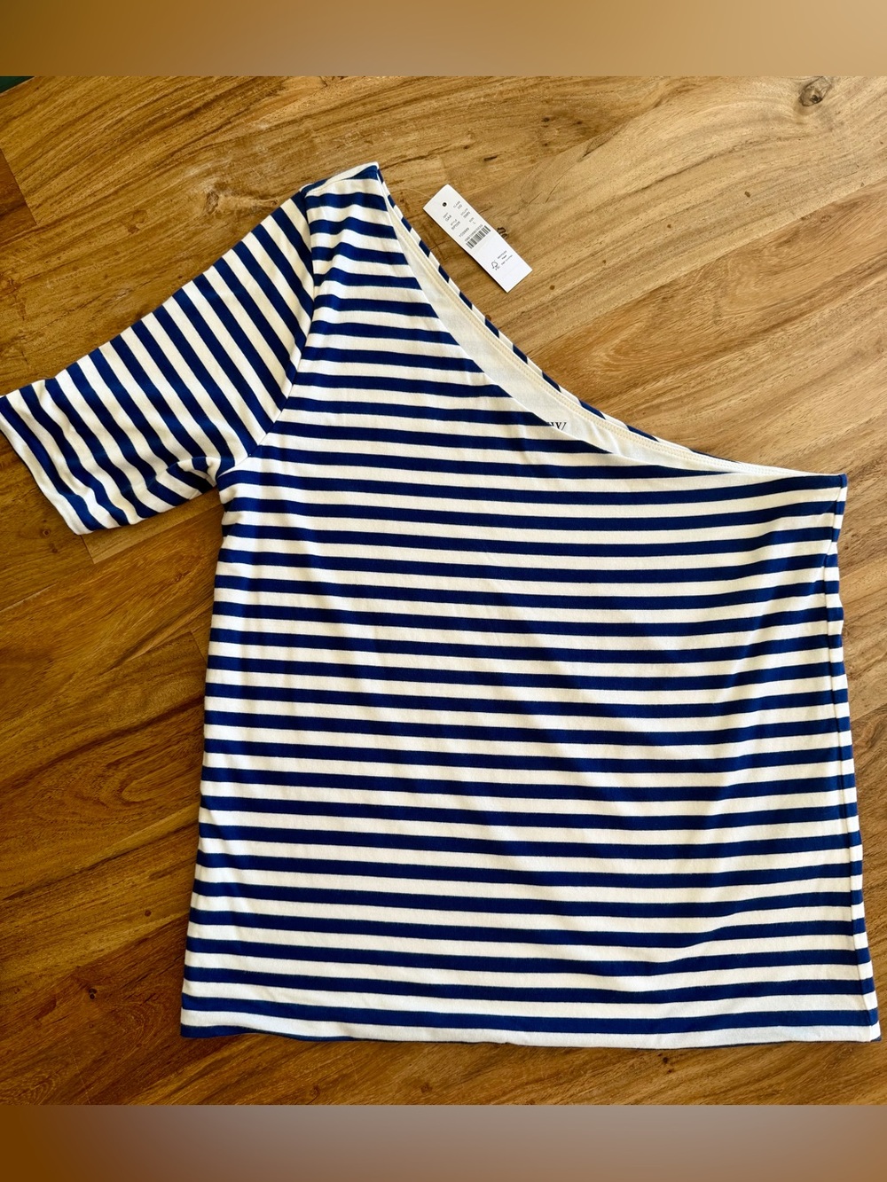 J. Crew Navy and White Striped One-Shoulder Short Sleeve Top